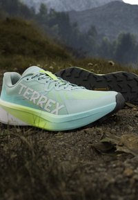 Chaussure de course Terrex bleu clair et vert avec une semelle noire Continental robuste sur un sentier rocheux en plein air avec des collines et des arbres en arrière-plan.