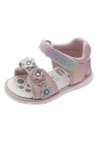 Sandal con finitura glitterata in rosa e lavanda, dettagli floreali, cinturini in velcro e suola imbottita. Parte superiore in mesh leggero per traspirabilità.