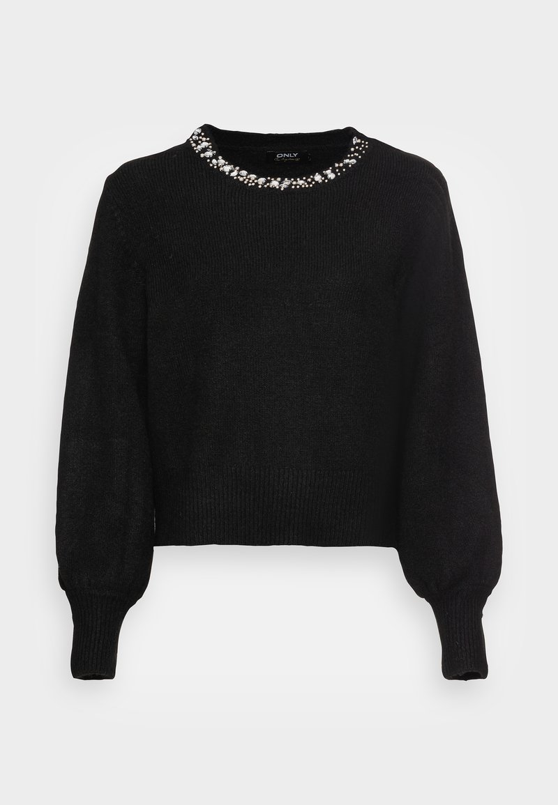 Sweater preto tricotado com um decote redondo, punhos canelados e uma gola decorativa de pérolas. Textura suave e design ligeiramente cropped.