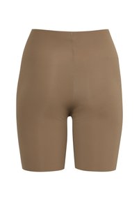 Shorts da ciclismo a vita alta marroni realizzati in un tessuto liscio e elastico con una vestibilità aderente, che arrivano a metà coscia e presentano un design senza cuciture.