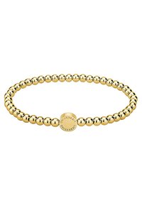 Bracciale in oro con perline che presentano sfere riflettenti e un accento circolare centrale inciso con il nome del marchio, dal texture liscia.