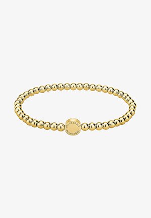 Goldene Perlenarmband mit runden, reflektierenden Perlen und einem zentralen, kreisförmigen Akzent, der mit dem Markennamen graviert ist, glatte Oberfläche.