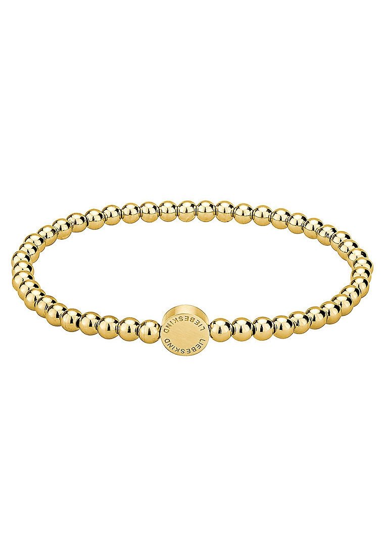 Bracciale in oro con perline che presentano sfere riflettenti e un accento circolare centrale inciso con il nome del marchio, dal texture liscia.