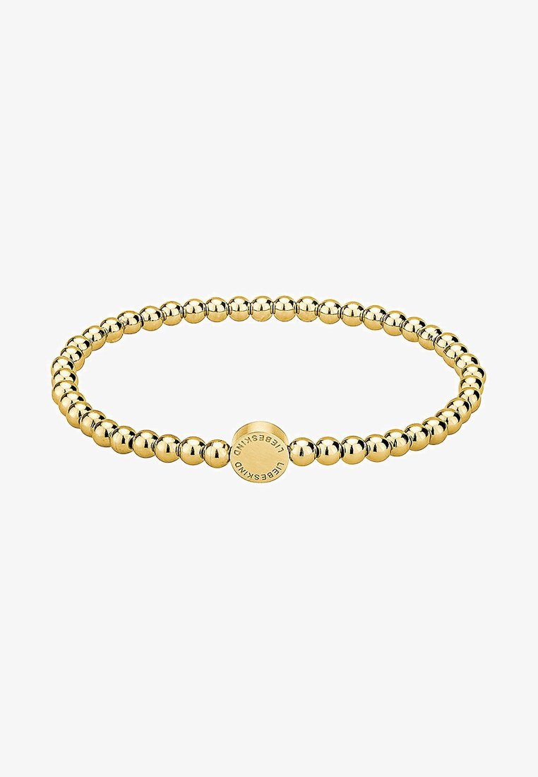 Bracciale in oro con perline che presentano sfere riflettenti e un accento circolare centrale inciso con il nome del marchio, dal texture liscia.