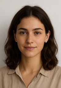 Portræt af en person med medium-langt, bølget brunt hår og naturlig makeup, iført en beige skjorte med krave og små studs-øreringe.