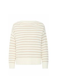 Cremefarbener Pullover mit hellbraunen horizontalen Streifen. Aus weichem Strickmaterial gefertigt, verfügt er über einen runden Ausschnitt sowie gerippte Säume und Bündchen.