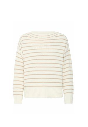 Kreem värvi salliga kampsun heledate pruunide horisontaalsete triipudega. Valmistatud pehmest kudumist, omab ümmargust kaelust ning ribakujulist hemmi ja varrukate ääriseid.