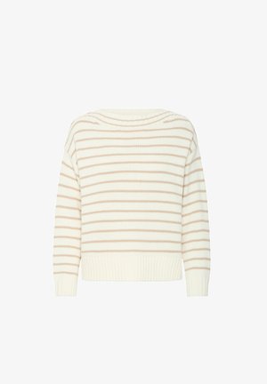 Kremeni pulover s svijetlosmešastim horizontalnim prugama. Izrađen od mekog pletiva, ima okrugli izrez i rebrasti rub i manžetne.