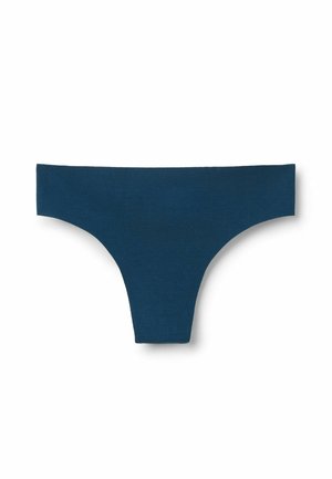 Tmavě modré bavlněné tangové kalhotky s bezešvým designem, širokým elastickým pasem a minimálním zakrytím zad. Měkká textura, žádné vzory.