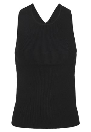 Haut noir sans manches en tricot côtelé avec encolure ronde et taille cintrée.
