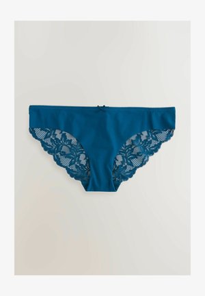 Intimo di colore verde bluastro realizzato in materiale liscio, con accenti in pizzo lungo i bordi, che presenta un motivo floreale e un design ondulato.