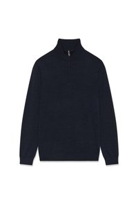 Navy blue, long-sleeve sweater with a half-zip collar. Made of textured fabric, featuring ribbed cuffs and hem. Clean, simple design.