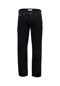 Jeans in denim nero con vestibilità a gamba dritta, dotati di cinque tasche, chiusura con bottone e cerniera e finitura del tessuto strutturata.