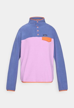 Fleece pullover with a high collar, featuring a blue upper, pink lower, orange accents, three buttons, and a small front pocket.