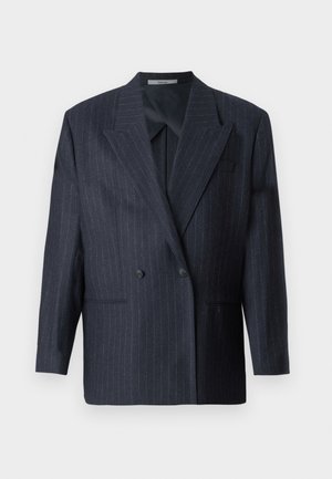 Navy pinstriped double-breasted blazer with wide lapels, made of textured fabric. Features patch pockets and two buttons.
