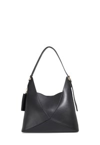 Black leather handbag with a unique angular design, featuring a curved top, triangular gussets, and a single shoulder strap. Accented with gold hardware.