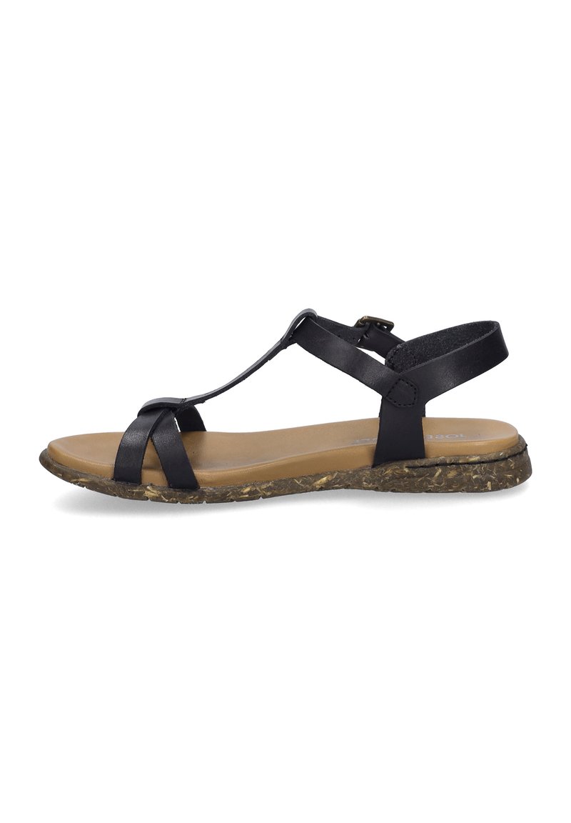 Sandalo in pelle nera con design a T, suola marrone testurizzata e decorata, e soletta imbottita beige. Cinturino alla caviglia regolabile per una migliore vestibilità.