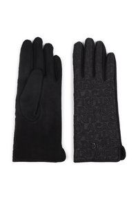 Černé rukavice s hladkým povrchem na jedné straně a vzorovaným, embosovaným designem na straně druhé. Malé logo se nachází na jednom manžetě.