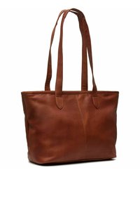 Borsa a tracolla in pelle marrone con due lunghe cinghie, forma rettangolare spaziosa, texture liscia e una dettaglio cucitura sul davanti.