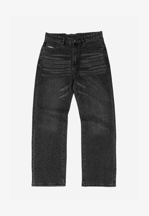 Musta pesty suora lahje farkut, joissa on etu- ja takataskut sekä hienovaraiset vaakaruudut reisien yläosassa.