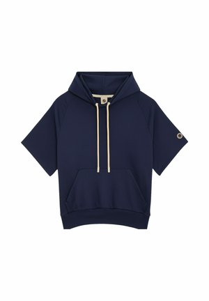 Sweat à capuche bleu marine à manches courtes avec poche kangourou à l'avant et cordons beiges sur la capuche, présenté sur fond blanc.