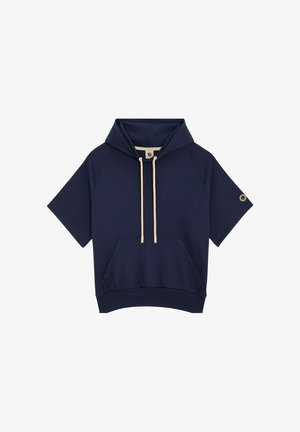 Sweat à capuche bleu marine à manches courtes avec poche kangourou à l'avant et cordons beiges sur la capuche, présenté sur fond blanc.