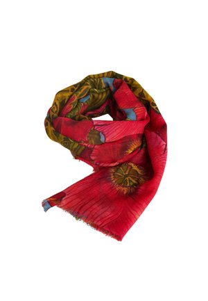 Red floral scarf featuring large poppy patterns and green accents, made of lightweight fabric with a fringed edge.