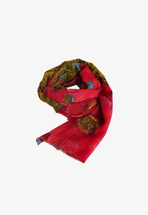 Red floral scarf featuring large poppy patterns and green accents, made of lightweight fabric with a fringed edge.