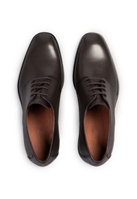 Braune Leder-Dressschuhe mit glatter Oberfläche, Schnürdesign, runder Zehenform und einem kontrastierenden braunen Innenraum. Dezente Nähte setzen Akzente.