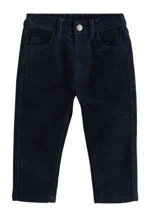 Dunkel marineblaue Cordhose für Kleinkinder mit Vordertaschen, Gürtelschlaufen und silbernem Knopfverschluss.