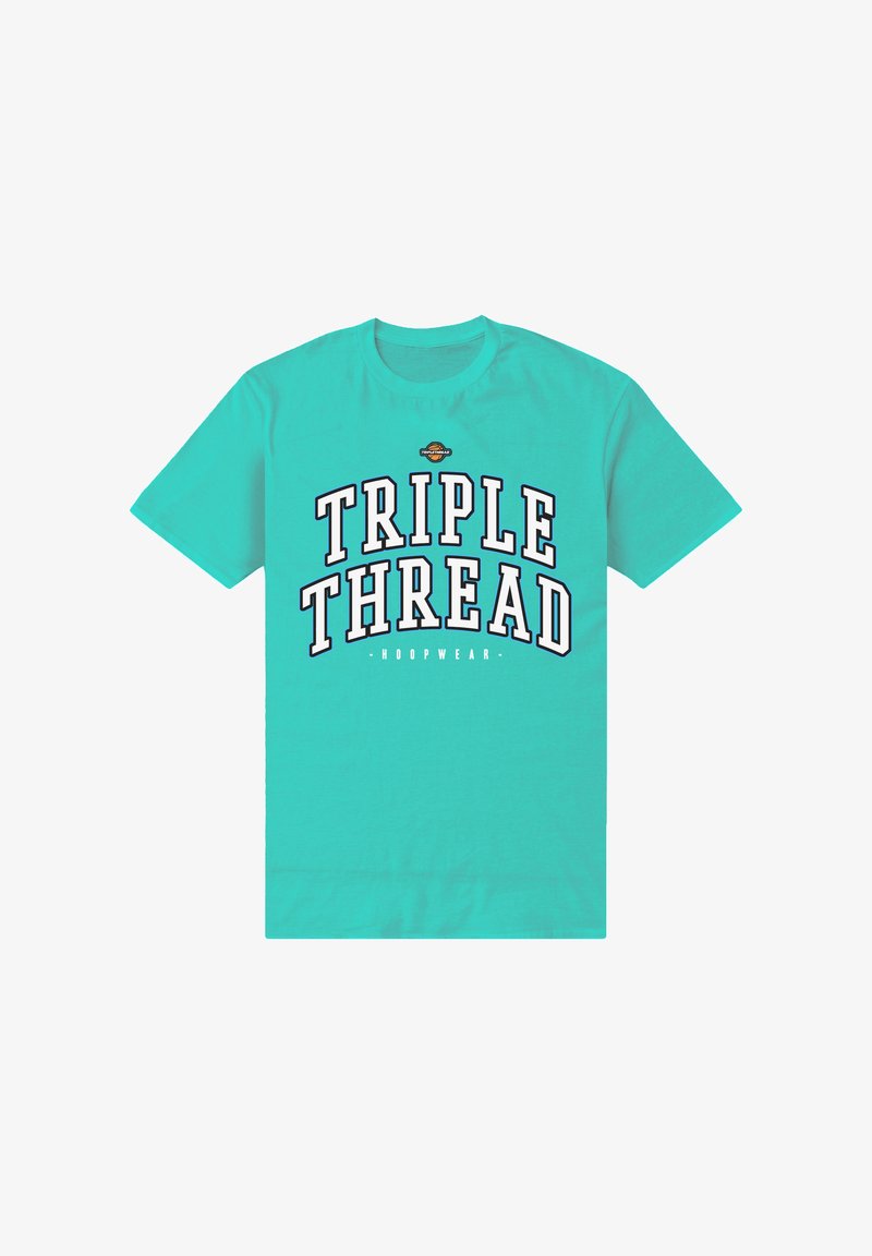 T-shirt turquoise à manches courtes avec "TRIPLE THREAD" en grandes lettres blanches et un petit texte "HOOPWEAR" en dessous.
