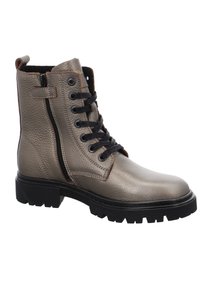 Herrsvarta ankelskor i metallgrå läder med svarta snören, sidoglid, kontrasterande bruna detaljer och robust svart gummisula.