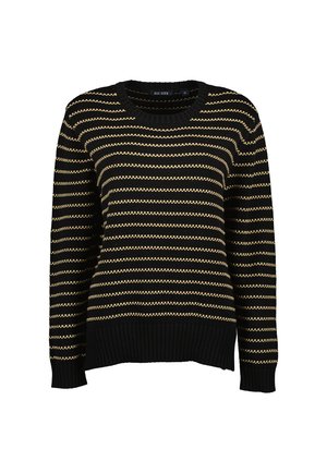 Sort strikket sweater med beige vandrette bølgede striber, ribstrikkede manchetter og kant samt rund halsudskæring.