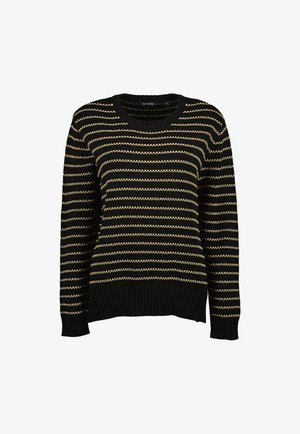 Schwarzer Strickpullover mit beigen horizontalen wellenförmigen Streifen, gerippten Bündchen und Saum sowie einem runden Halsausschnitt.