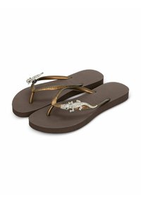 Brązowe klapki z teksturowaną wkładką i metalicznymi, brązowymi paskami. Posiadają dekoracyjny akcent w postaci jaszczurki z błyszczącymi detalami na pasku.