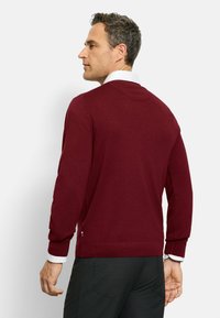 Burgunderfarbener Pullover mit gerippten Bündchen und Saum, rundem Ausschnitt und strukturierter Strickoptik. Weißer Kragen eines Hemdes ist darunter sichtbar.