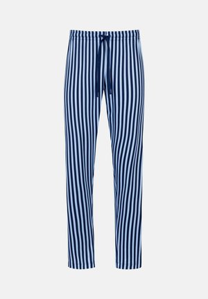 Navyblaue und hellblaue gestreifte Hosen mit elastischem Taillenbund und Kordelzug, mit einer lockeren Passform und glatter Stoffstruktur.
