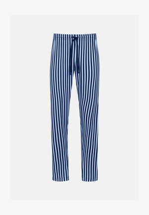 Granatowo-niebieskie paski na spodniach z elastycznym paskiem i sznurkiem do wiązania, charakteryzujące się luźnym krojem i gładką fakturą tkaniny.