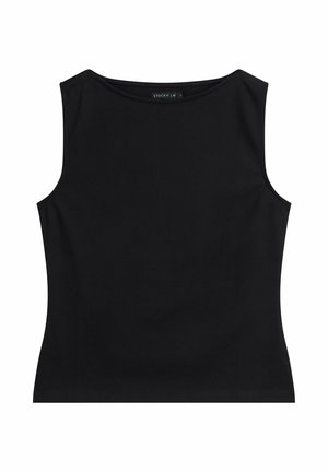 Zwarte mouwloze nauwsluitende top met ronde hals, gemaakt van gladde stof, plat uitgestald op een witte achtergrond.
