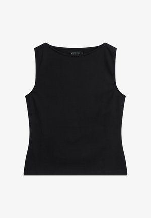 Zwarte mouwloze nauwsluitende top met ronde hals, gemaakt van gladde stof, plat uitgestald op een witte achtergrond.