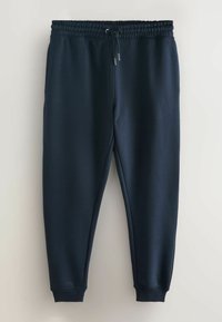 Tumši zili treniņbikses no mīksta auduma, ar aukliņu jostasvietā, elastīgām cuffs un sānu kabatām funkcionalitātei.