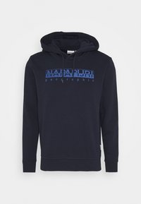 Felpa blu navy realizzata in materiale misto cotone, con cappuccio regolabile e grafica frontale in blu chiaro. Polsini e orlo a costine.