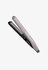 Piastra per capelli con un manico argento elegante e una base nera. Presenta pulsanti per il controllo digitale della temperatura e una piastra metallica sottile e piatta.