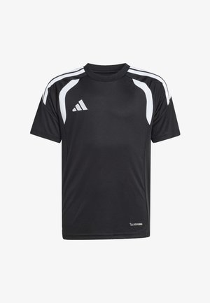 T-shirt de sport Adidas noir à manches courtes avec des bandes blanches sur les épaules et un logo blanc sur la poitrine, étiquette en tissu Climacool en bas.