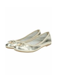 Ballerines en cuir doré métallisé avec un bout rond, finition en cuir souple, et un nœud décoratif à l'avant. Semelle en caoutchouc et bord élastique.