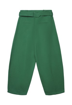 Green high-waisted trousers made of textured fabric, featuring a wide leg shape, belt loops, and back pockets.
