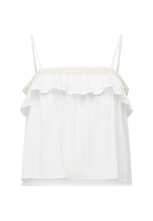 Hvit ermeløs topp med tynne stropper, rysjekant ved halsen og beige blonder langs øvre kant.