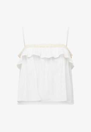 Hvit ermeløs topp med tynne stropper, rysjekant ved halsen og beige blonder langs øvre kant.