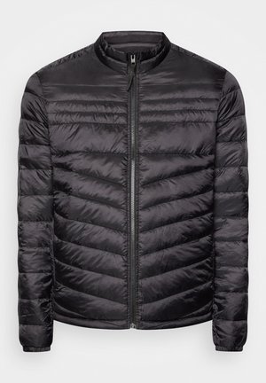Black puffer jacket with a high neck, horizontal and vertical quilted pattern, full front zipper, and elastic cuffs. Lightweight and smooth texture.