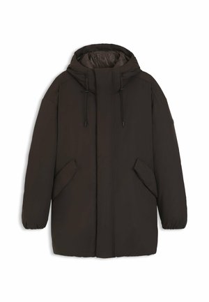 Brun isolerad jacka med huva, elastiska ärmslut, två sidofickor och dragkedja fram. Mjuk yttextur och slät foder.